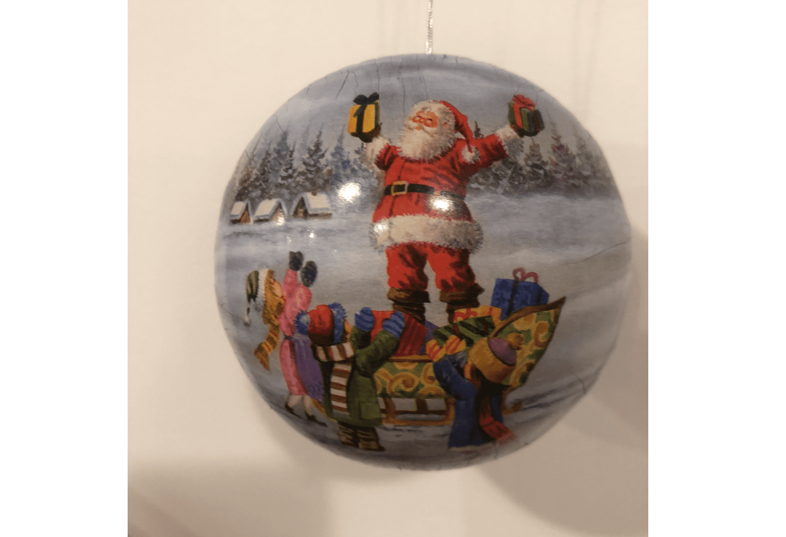 Palla di Natale apribile-Babbo Natale, slitta e bimbi
