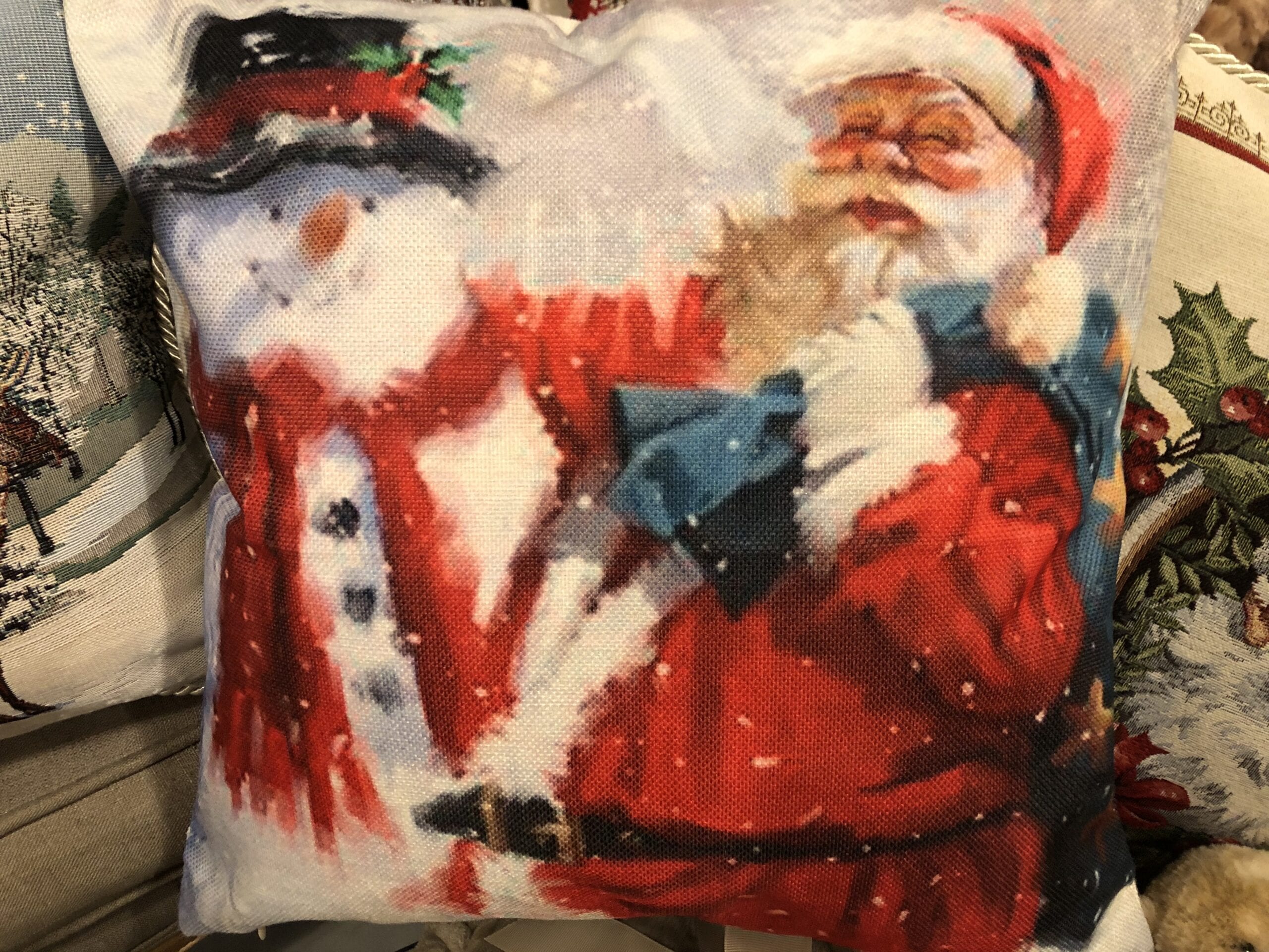 Cuscino quadrato-Babbo Natale e pupazzo di neve