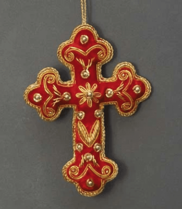 Croce in velluto rosso ricamata con perle