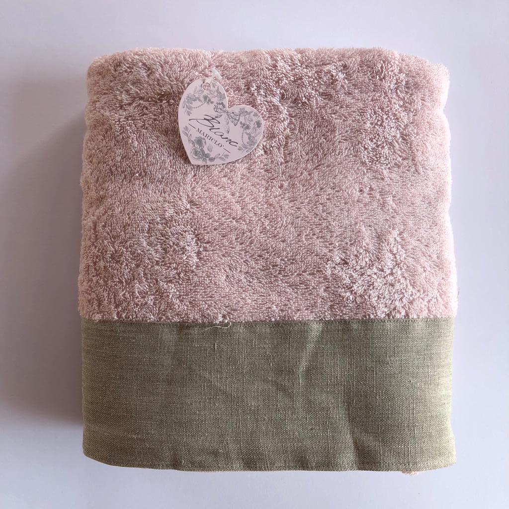 Telo bagno in cotone con balza in lino – Rosa