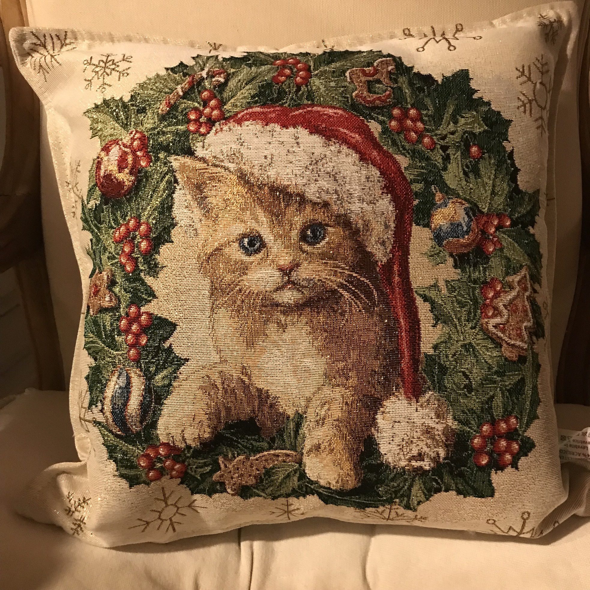 Cuscino Gobelin gatto natalizio e ghirlanda